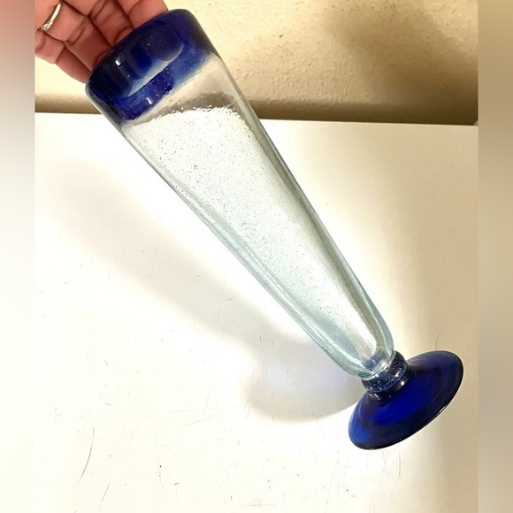 Hand Blown Mexican Cobalt Blue Rim Glassware Beer Pilsner Glass 9.5 in Vase - Picture 4 of 5